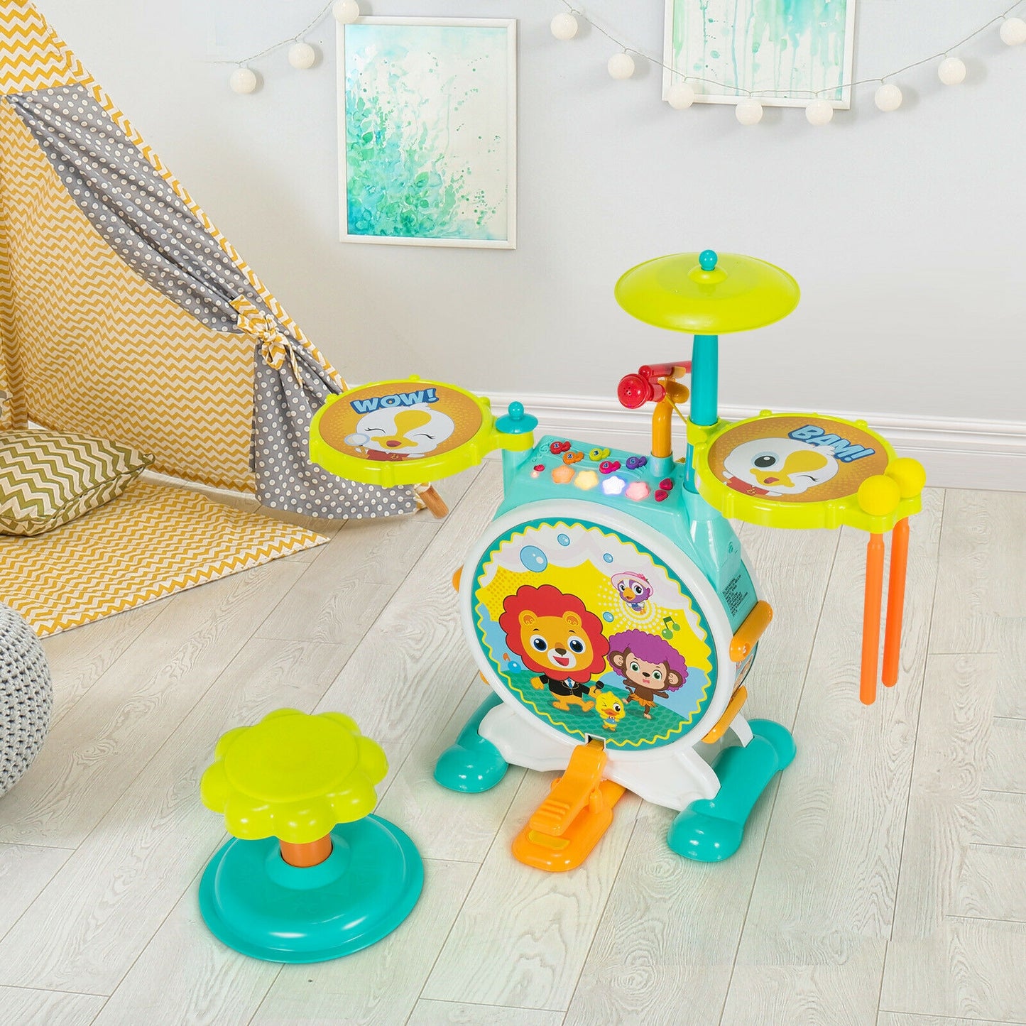 3 Pieces Electric Kids Drum Set with Microphone Stool Pedal