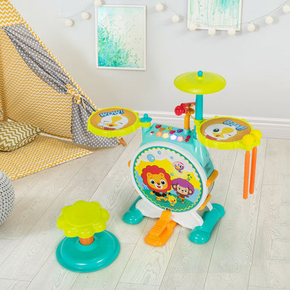 3 Pieces Electric Kids Drum Set with Microphone Stool Pedal