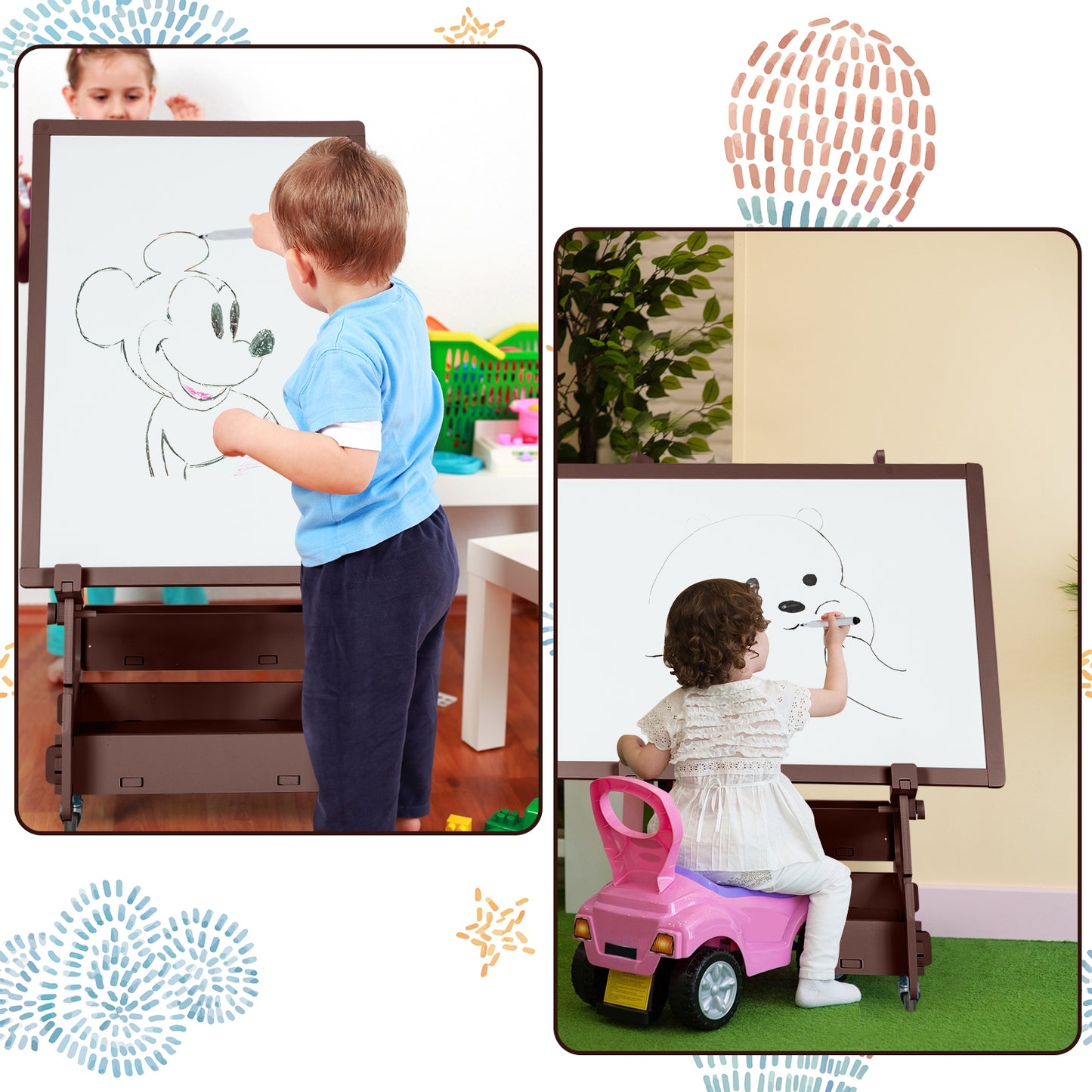 Multifunctional Kids' Standing Art Easel with Dry-Erase Board-Brown