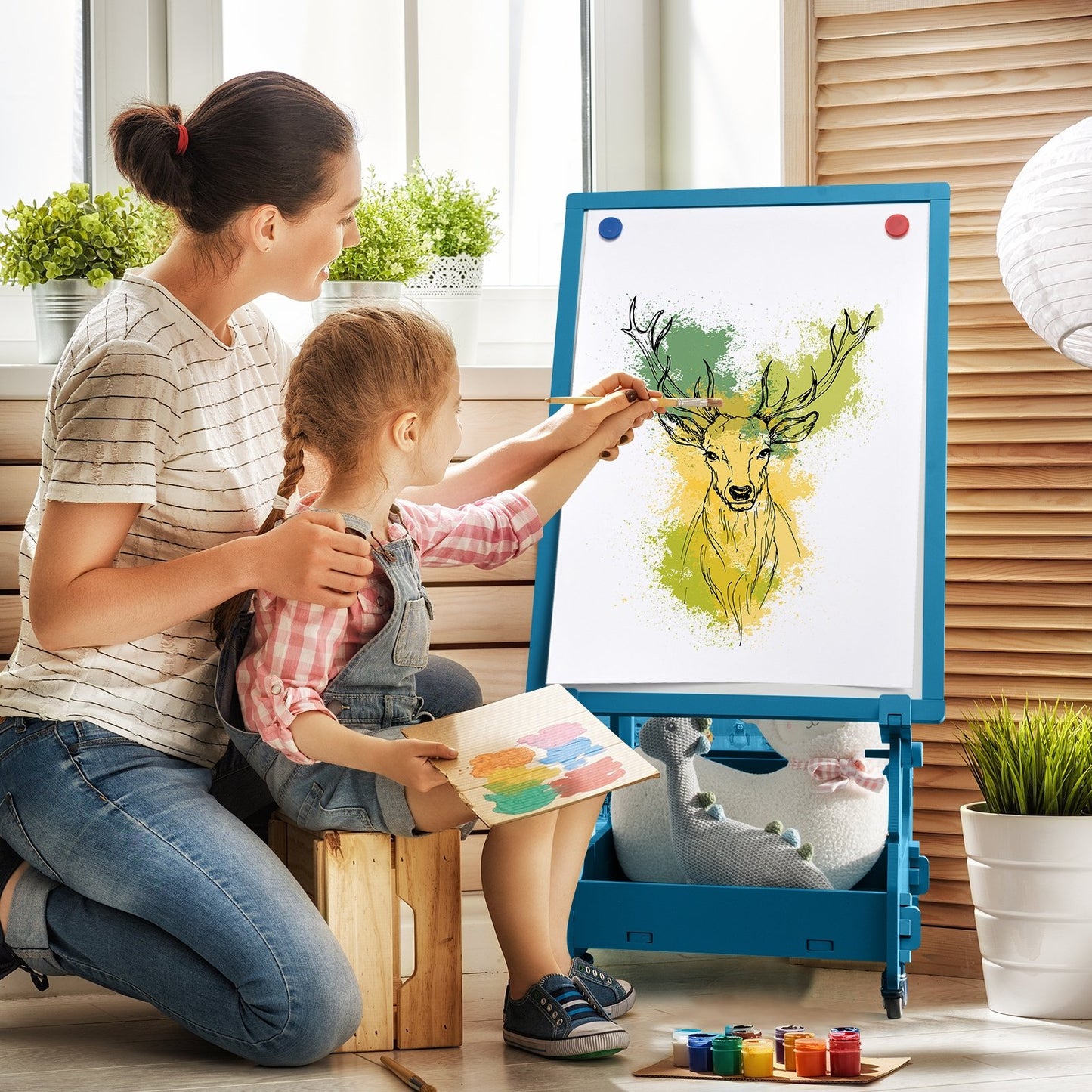 Multifunctional Kids' Standing Art Easel with Dry-Erase Board-Blue