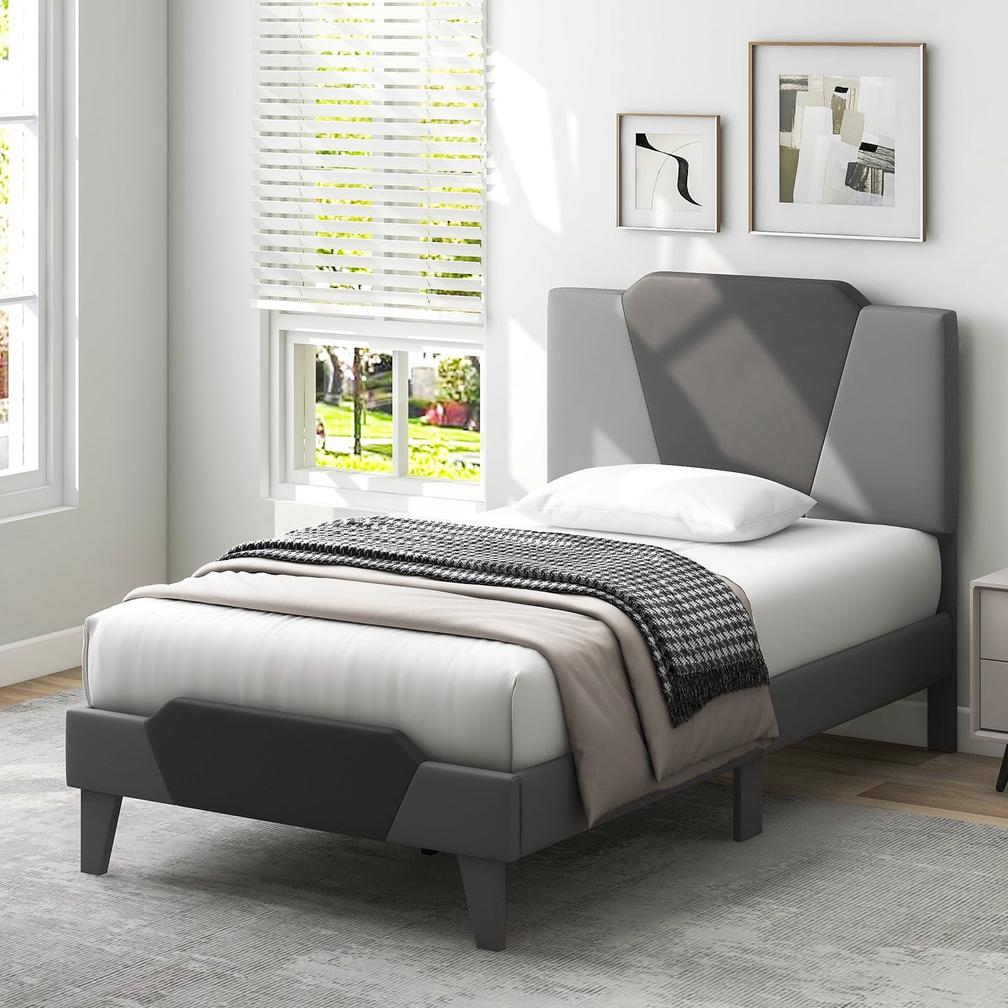 Full/Queen/Twin Velvet Upholstered Bed Frame with High Headboard-Queen Size