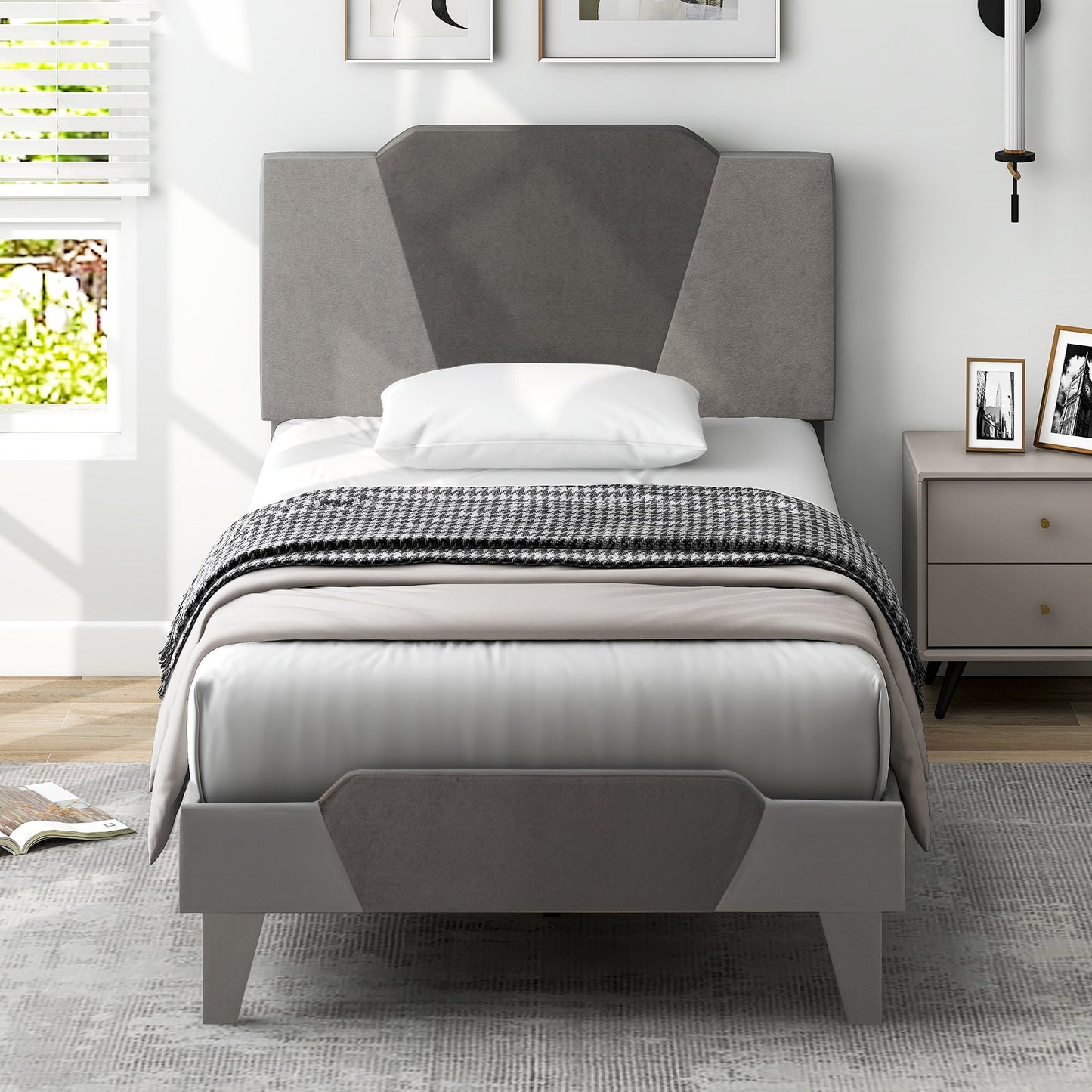 Full/Queen/Twin Velvet Upholstered Bed Frame with High Headboard-Queen Size