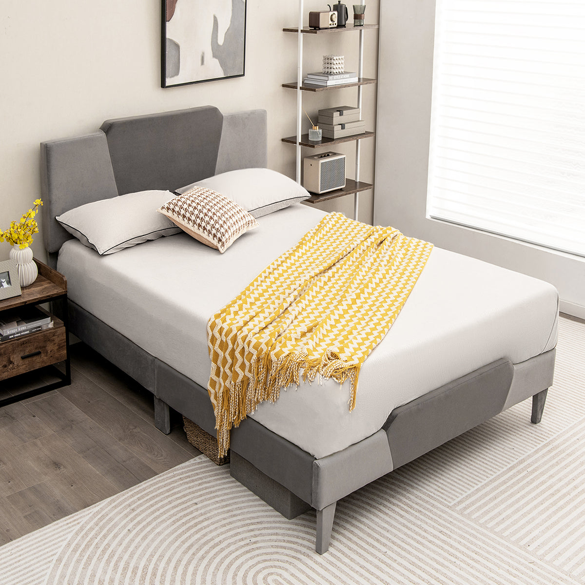 Velvet upholstered full-size bed frame with high headboard, sleek furniture for bedroom decor, by Wilsons Home Store.