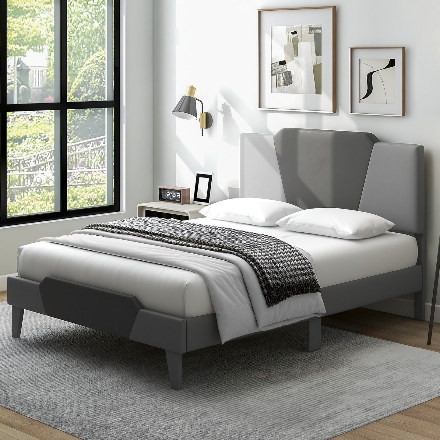 Full/Queen/Twin Velvet Upholstered Bed Frame with High Headboard-Queen Size