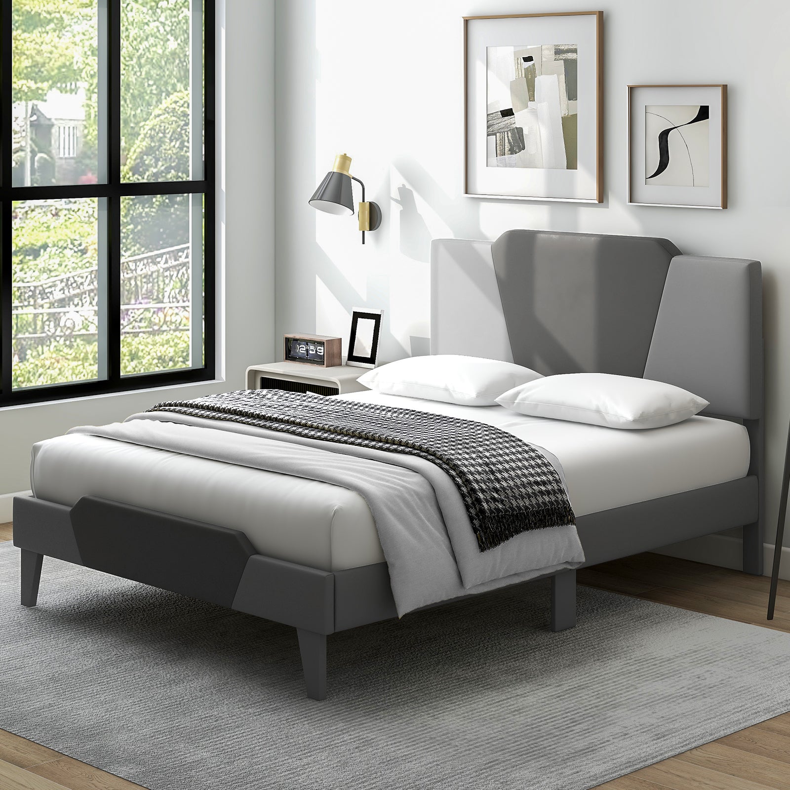 Full size velvet upholstered bed frame with a high headboard, showcasing a sleek, modern bedroom furniture design.