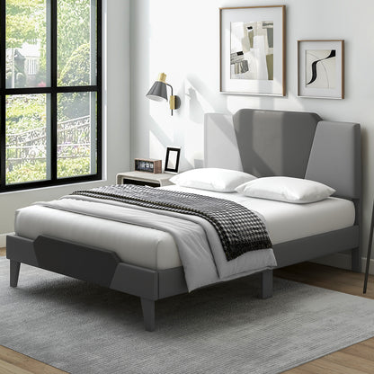 Full size velvet upholstered bed frame with a high headboard, showcasing a sleek, modern bedroom furniture design.