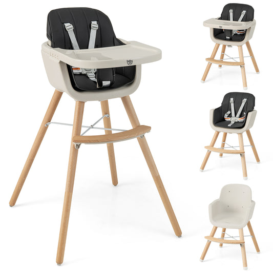 3-in-1 Convertible Wooden High Chair with Cushion-Black