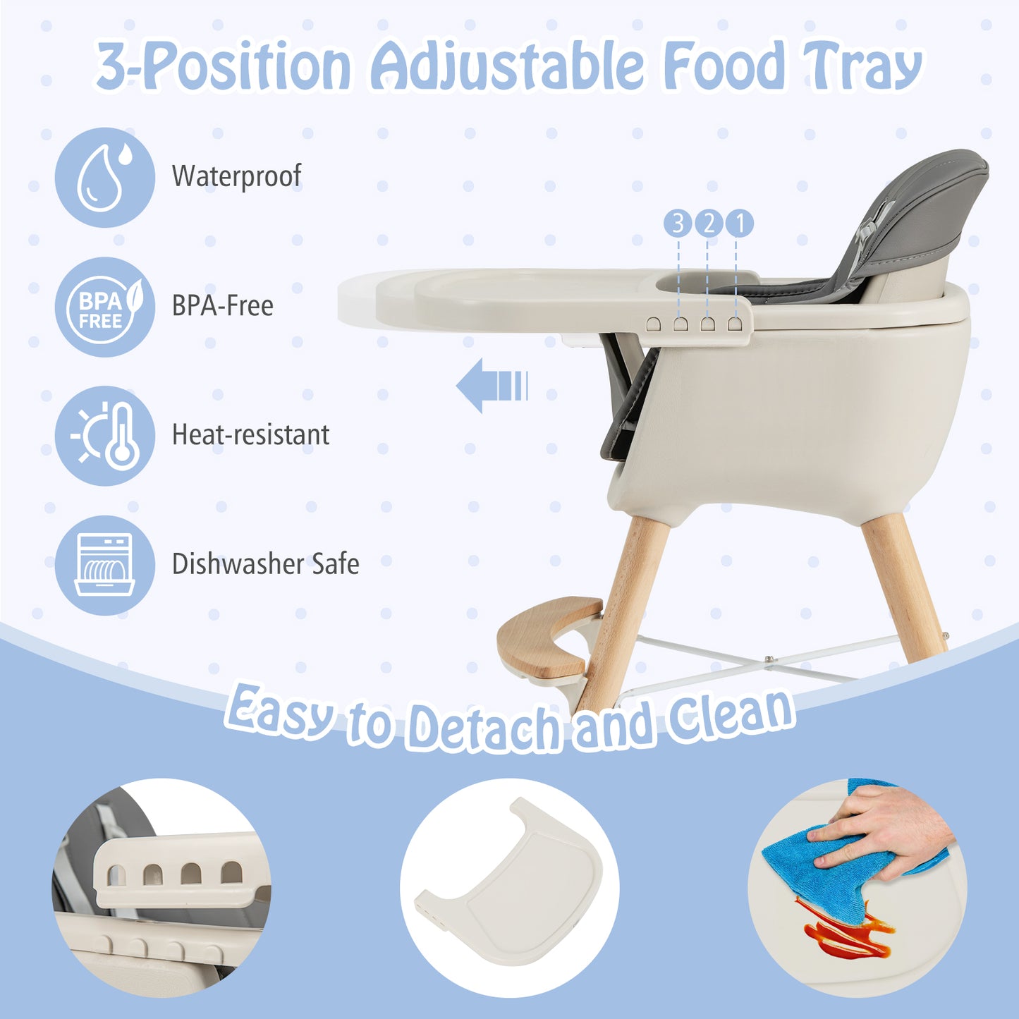 3-in-1 Convertible Wooden High Chair with Cushion-Light Gray
