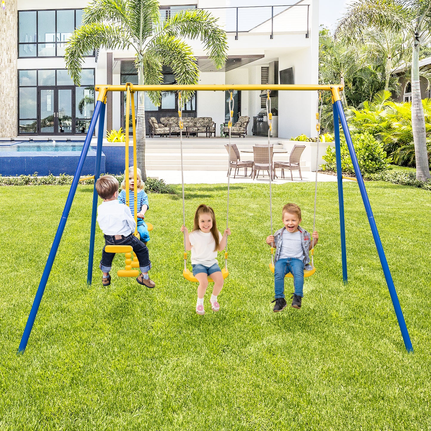 Metal Swing Set for Backyard with 2 Swing Seats and 2 Glider Seats-Blue