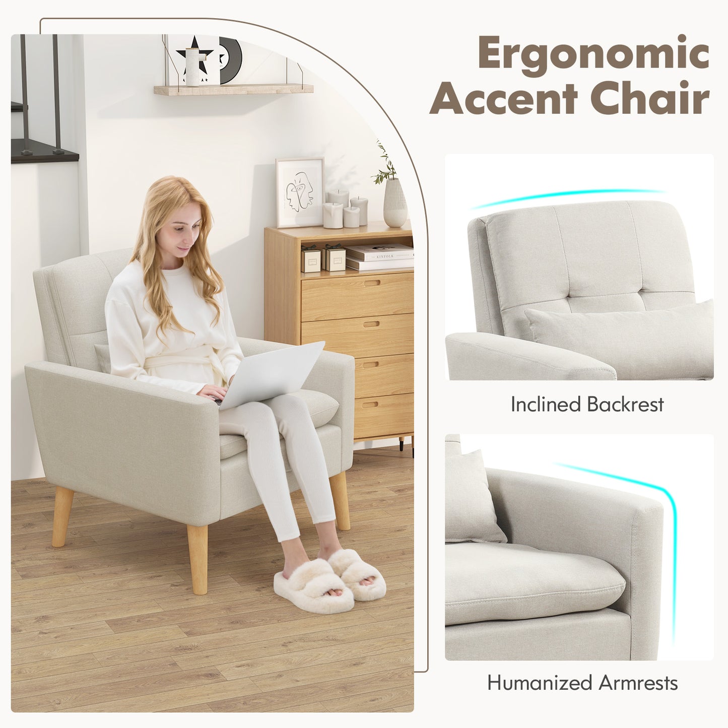 Accent Chai with Lumbar Pillow  Natural Rubber Wood Legs  Padded Cushions-Beige