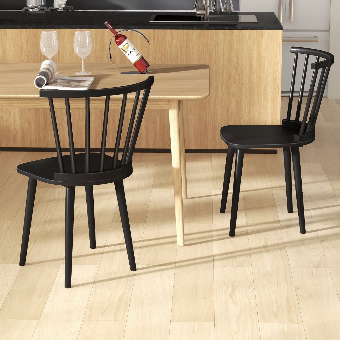 Windsor Dining Chairs Set of 2 Rubber Wood Kitchen Chairs with Spindle Back-Black