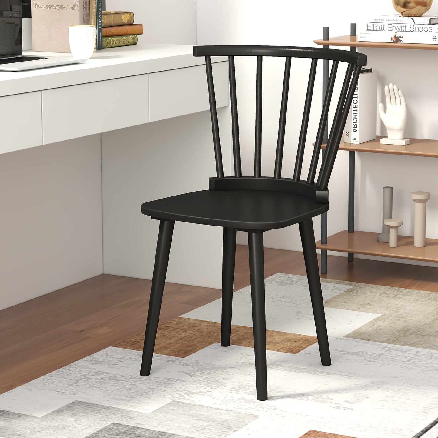 Windsor Dining Chairs Set of 2 Rubber Wood Kitchen Chairs with Spindle Back-Black