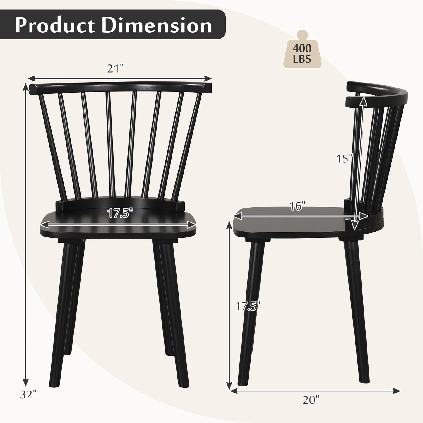 Windsor Dining Chairs Set of 2 Rubber Wood Kitchen Chairs with Spindle Back-Black
