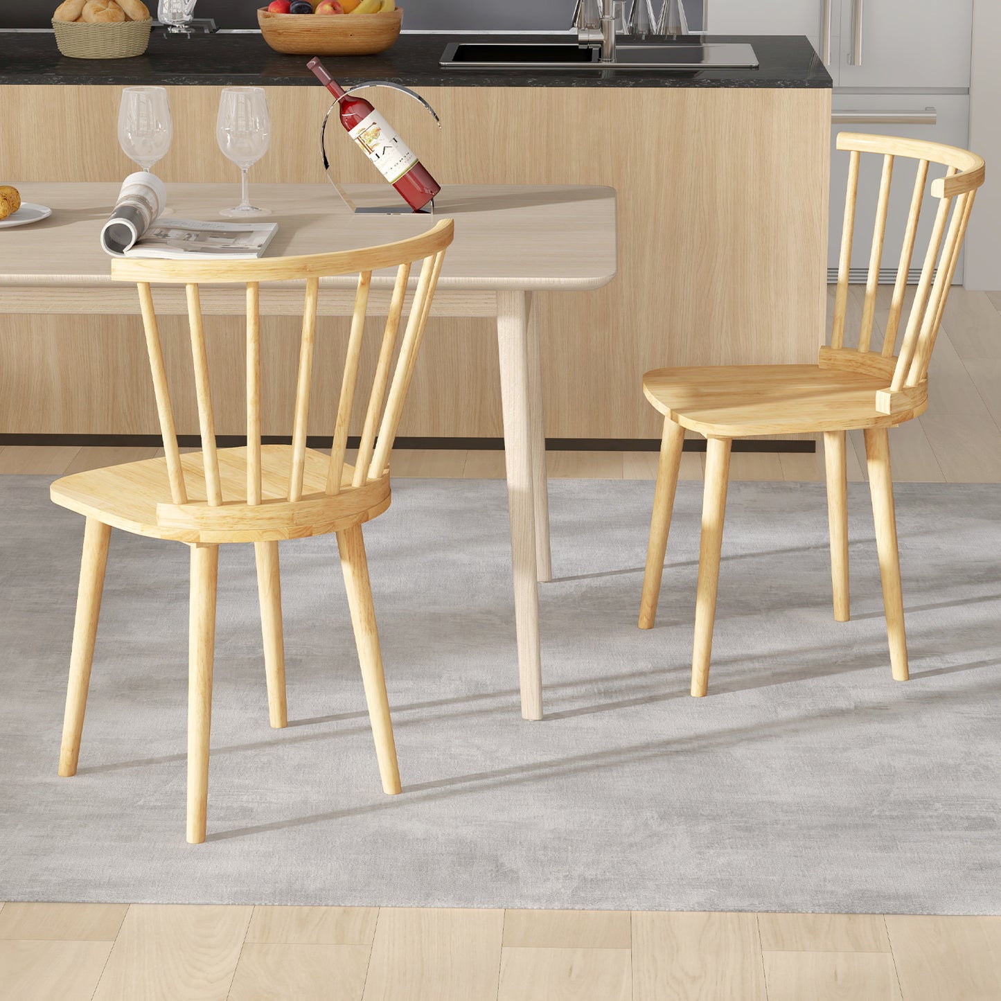 Windsor Dining Chairs Set of 2 Rubber Wood Kitchen Chairs with Spindle Back-Natural