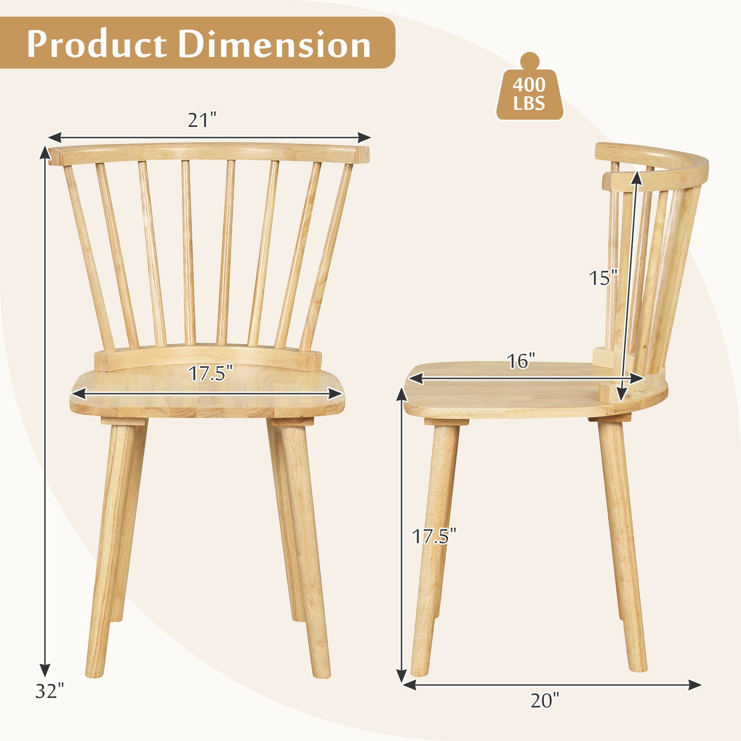 Windsor Dining Chairs Set of 2 Rubber Wood Kitchen Chairs with Spindle Back-Natural