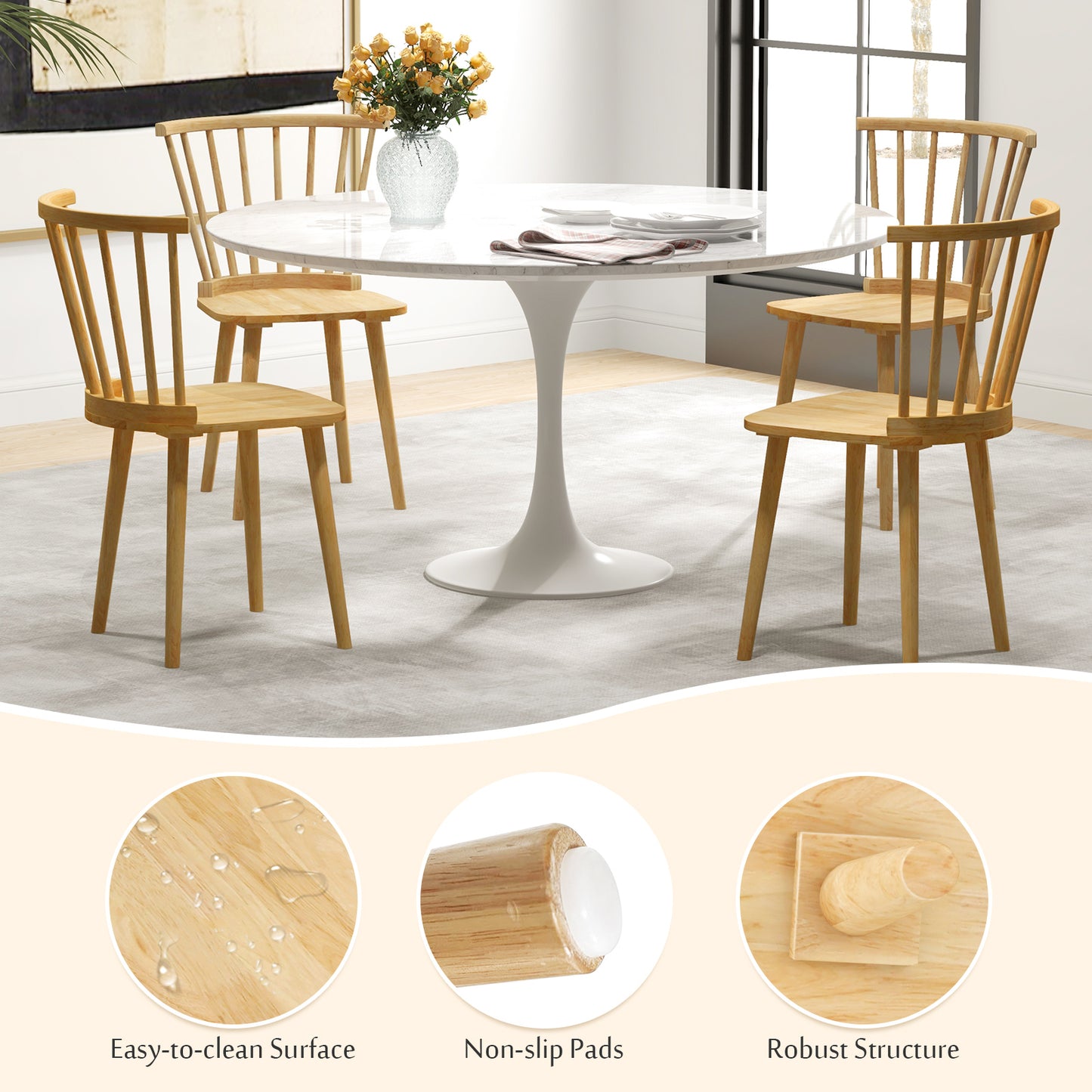 Windsor Dining Chairs Set of 2 Rubber Wood Kitchen Chairs with Spindle Back-Natural