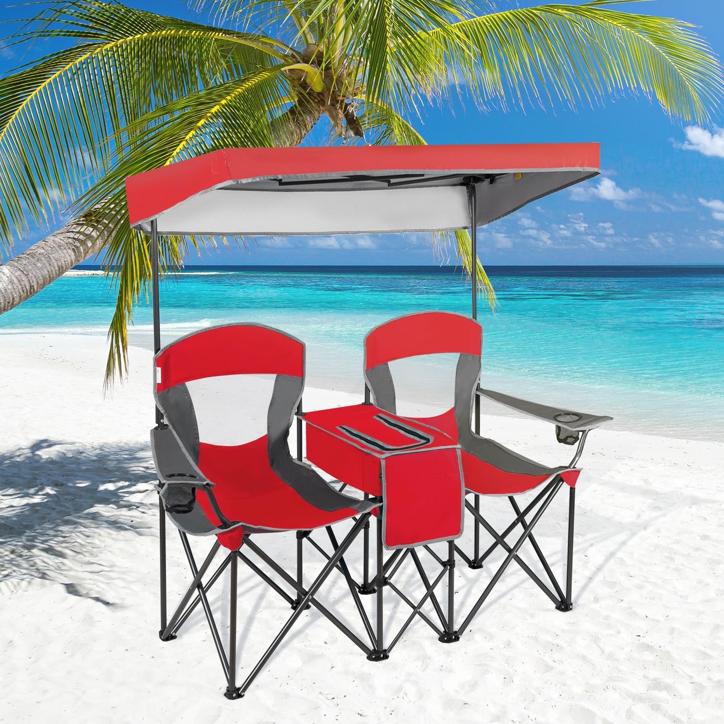 Portable Folding Camping Canopy Chairs with Cup Holder-Blue