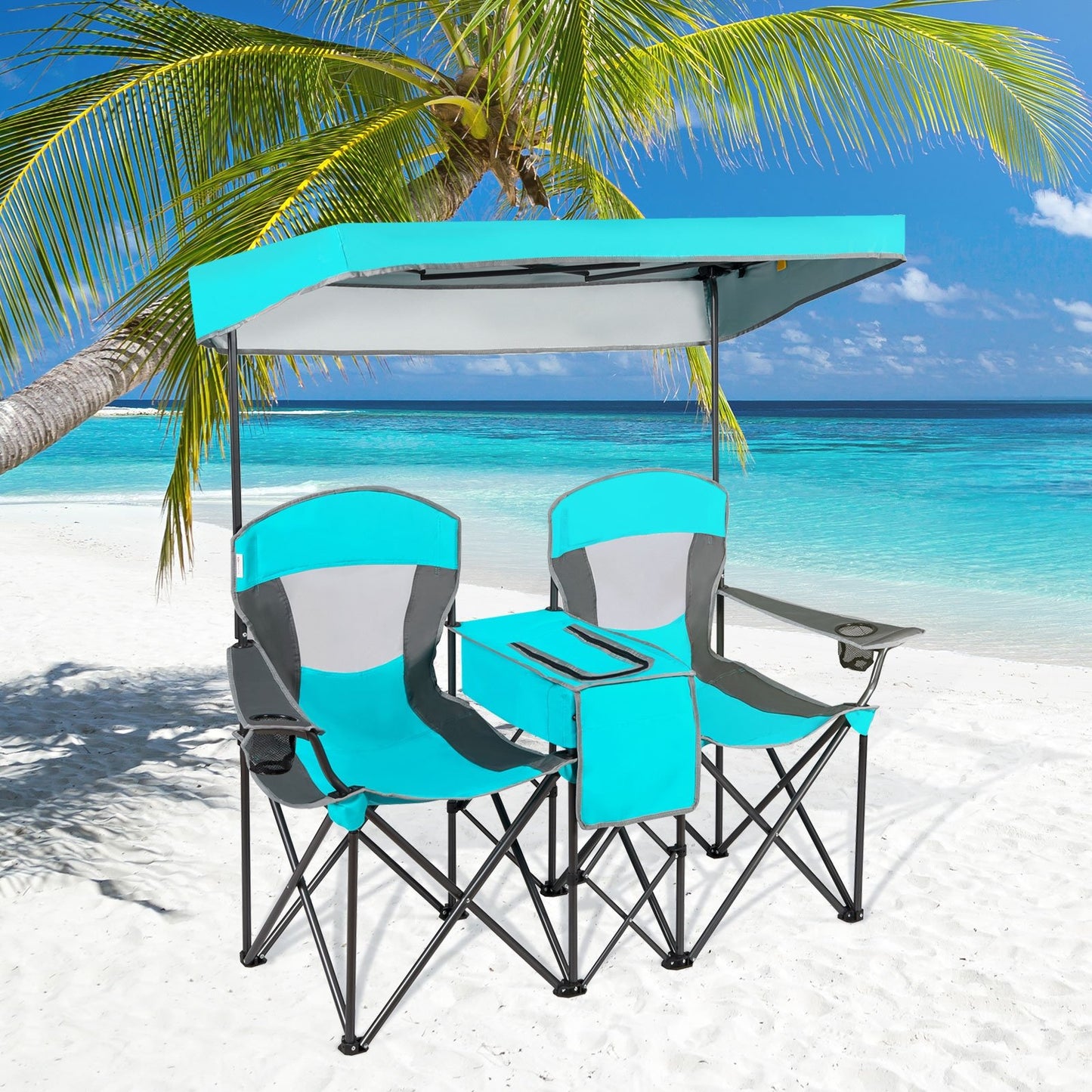 Portable Folding Camping Canopy Chairs with Cup Holder-Blue
