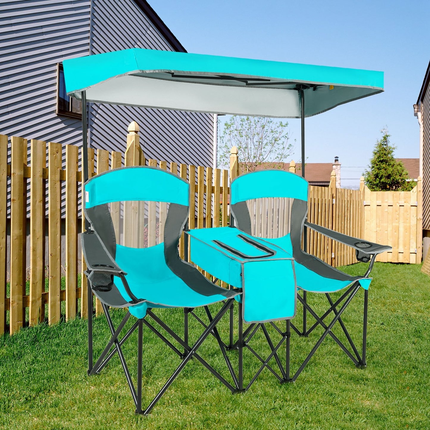 Portable Folding Camping Canopy Chairs with Cup Holder-Blue