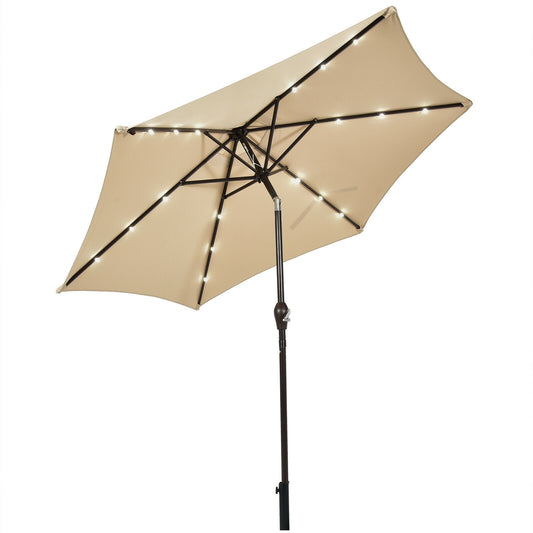 9' Solar LED Lighted Patio Market Umbrella Tilt Adjustment Crank Lift -Beige