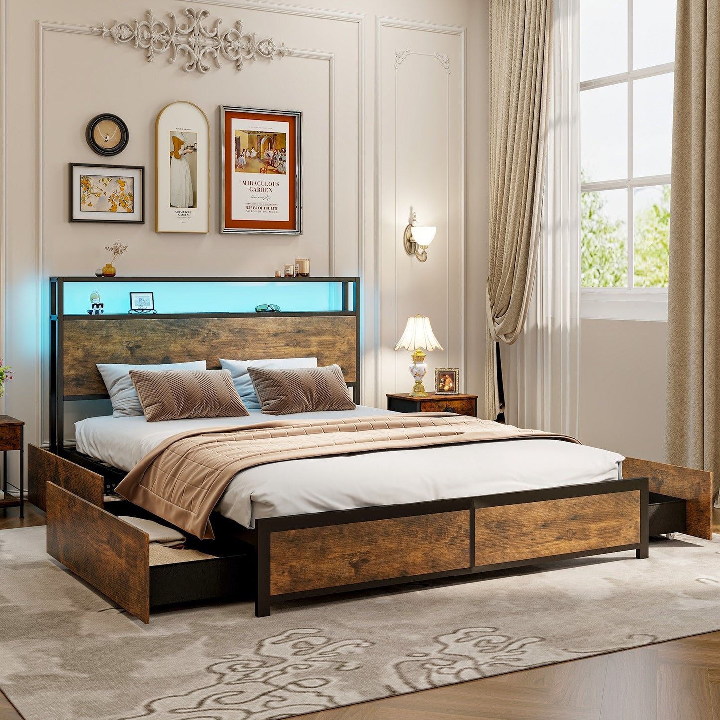 Full/Queen Size Bed Frame with Smart LED Lights and Storage Drawers-Full Size