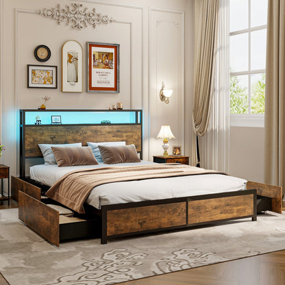 Full/Queen Size Bed Frame with Smart LED Lights and Storage Drawers-Full Size