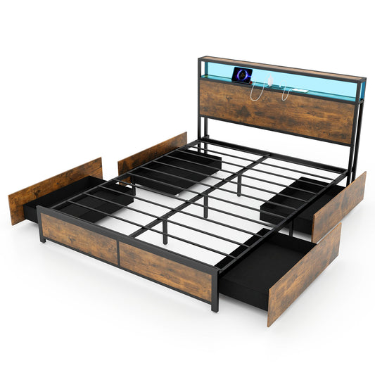 Full/Queen size bed frame with built-in storage drawers and smart LED lights, featuring a modern simple design from Wilsons Home Store.