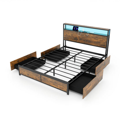Full/Queen Size Bed Frame with Smart LED Lights and Storage Drawers-Queen Size