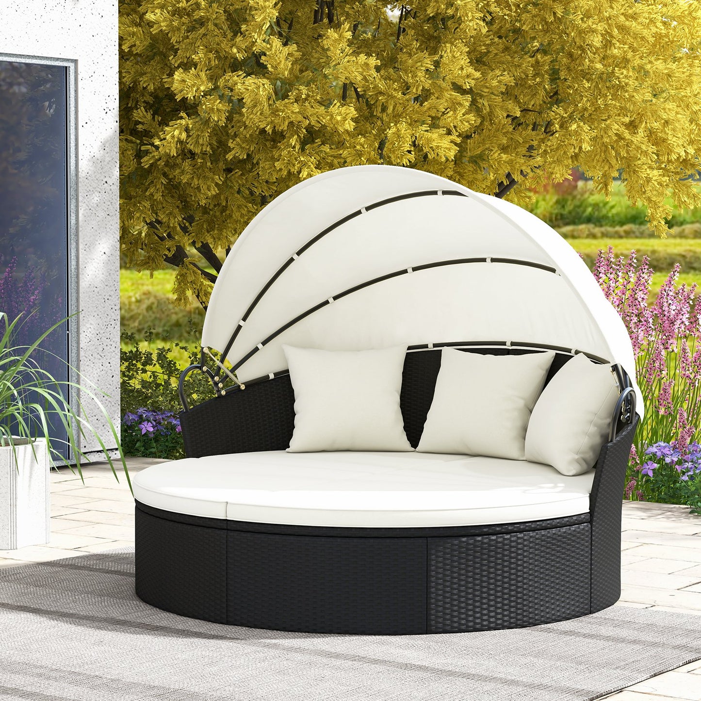 Clamshell Patio Round Daybed Wicker with Retractable Canopy and Pillows-Black