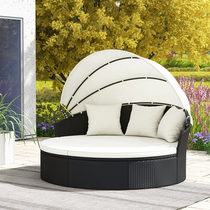 Clamshell Patio Round Daybed Wicker with Retractable Canopy and Pillows-Black