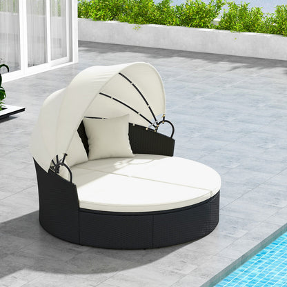 Clamshell Patio Round Daybed Wicker with Retractable Canopy and Pillows-Black