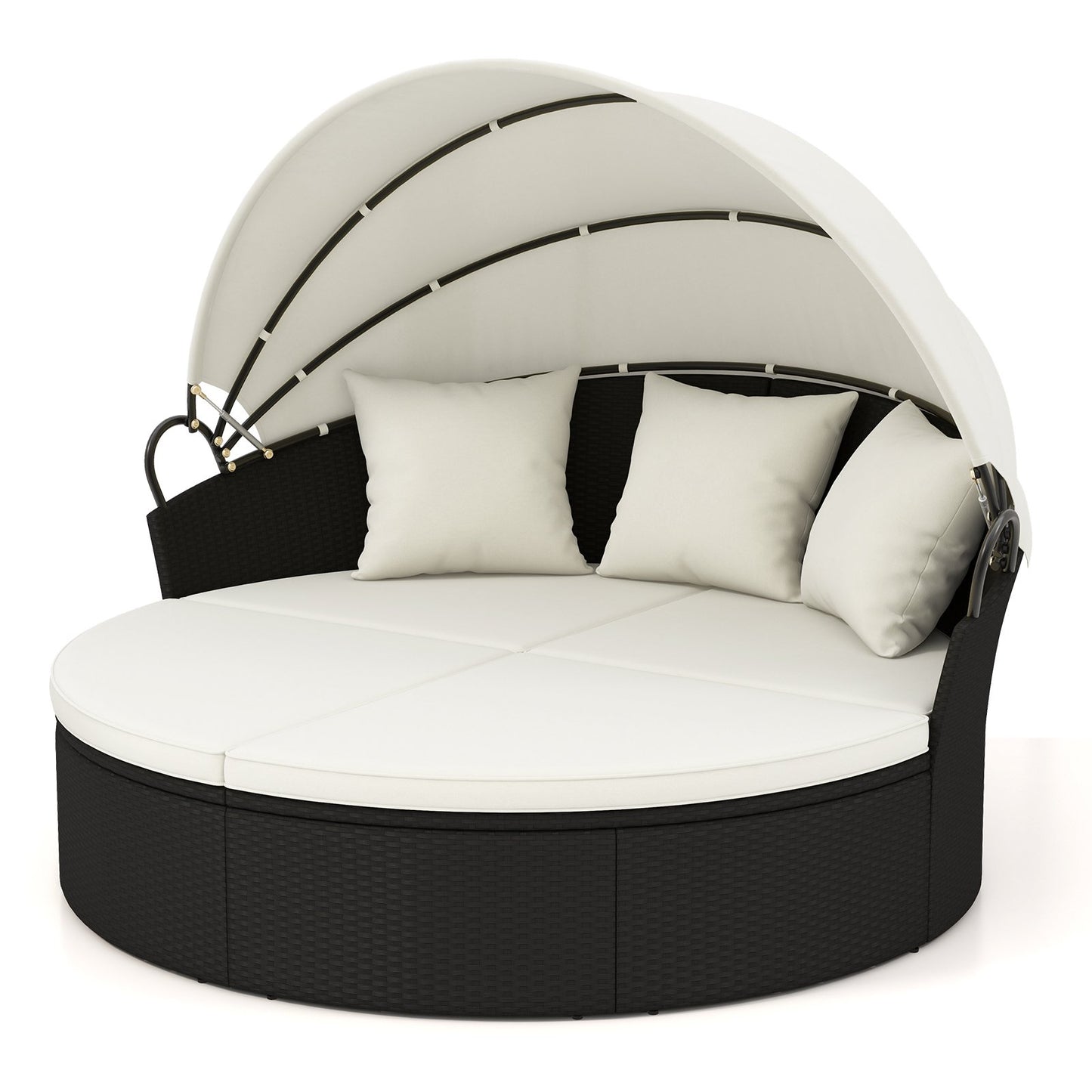 Clamshell Patio Round Daybed Wicker with Retractable Canopy and Pillows-Black