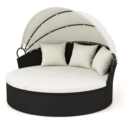 Clamshell Patio Round Daybed Wicker with Retractable Canopy and Pillows-Black