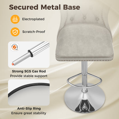Set of 2 Bar Chairs with Footrest  Electroplated Metal Base and Anti-Slip Ring-Gray