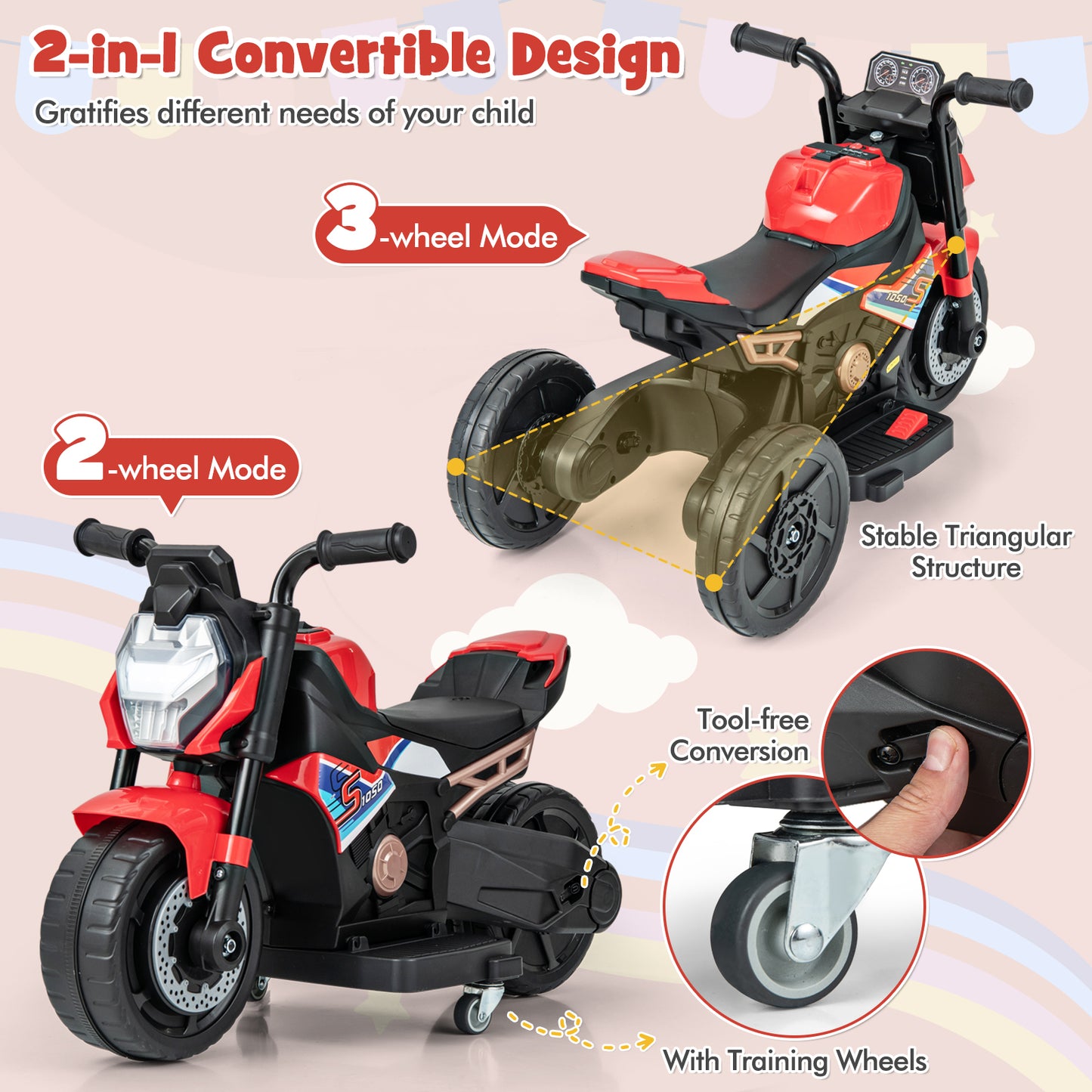 Kids Ride-on Motorcycle 6V Battery Powered Motorbike with Detachable Training Wheels-Red