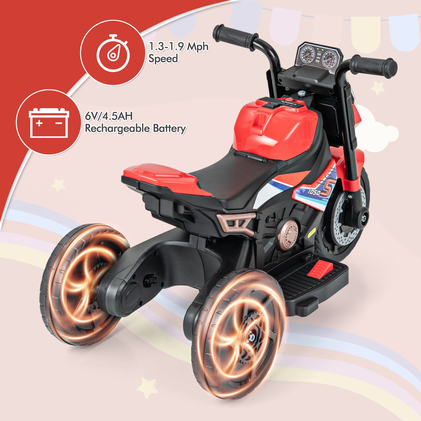 Kids Ride-on Motorcycle 6V Battery Powered Motorbike with Detachable Training Wheels-Red