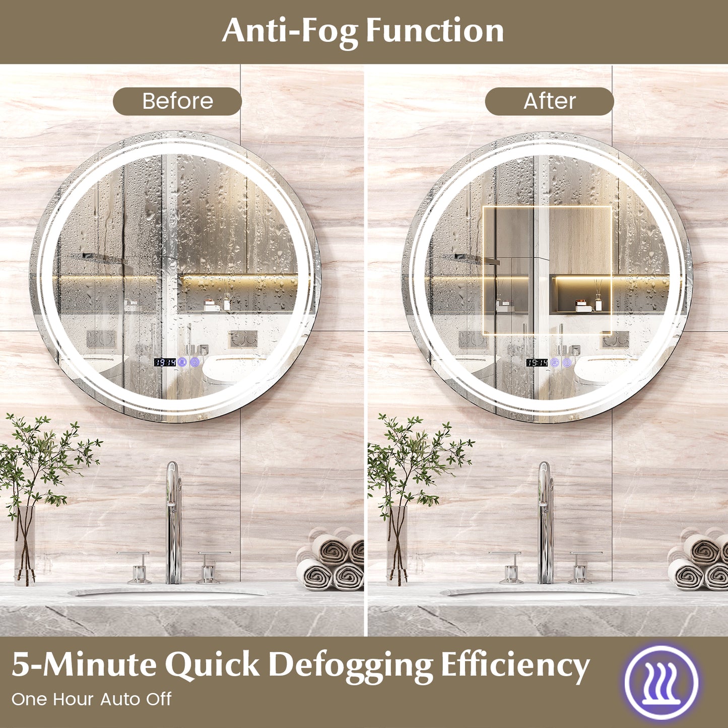 Anti-Fog Round Led Bathroom Mirror with 3 Color LED Lights-M