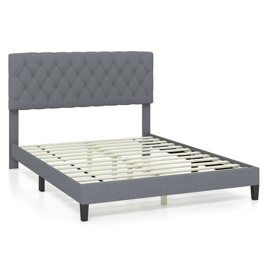 Queen Size Upholstered Platform Bed with Button Tufted Headboard-Queen & Gray