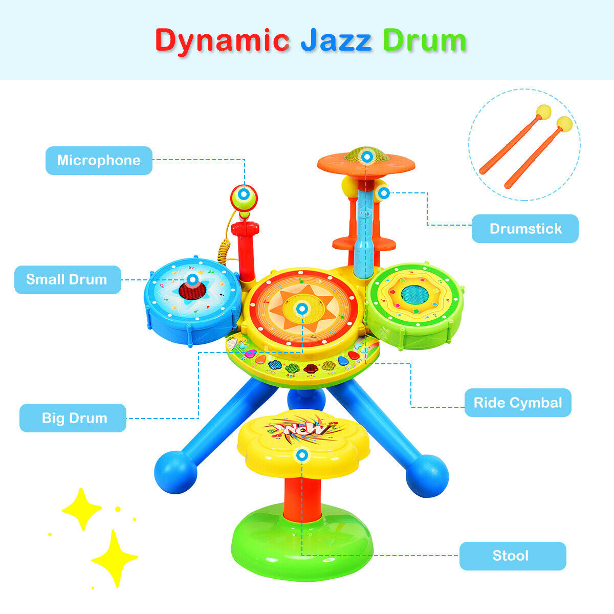 Electric Jazz Drum Set with Stool Microphone and LED Light