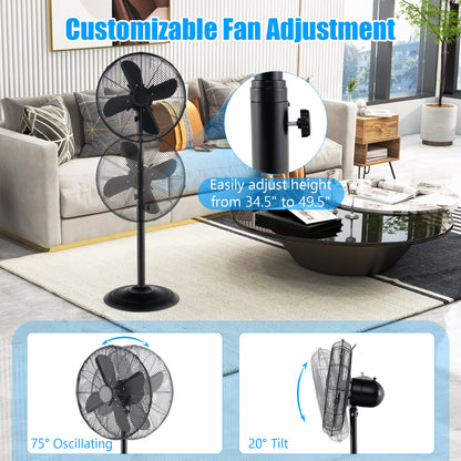 16 Inch Pedestal Standing Fan Oscillating Pedestal Fan with 3 Speeds and Adjustable Height-Black