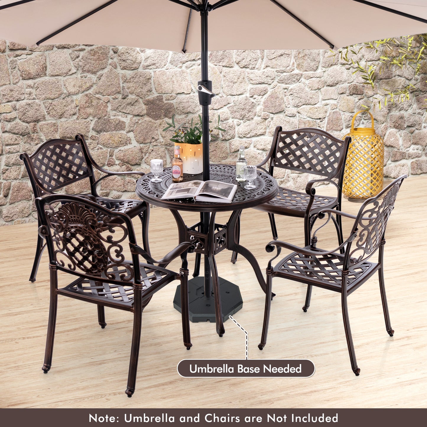 31.5" Cast Aluminum Table Patio Round Dining Table with Umbrella Hole-Copper