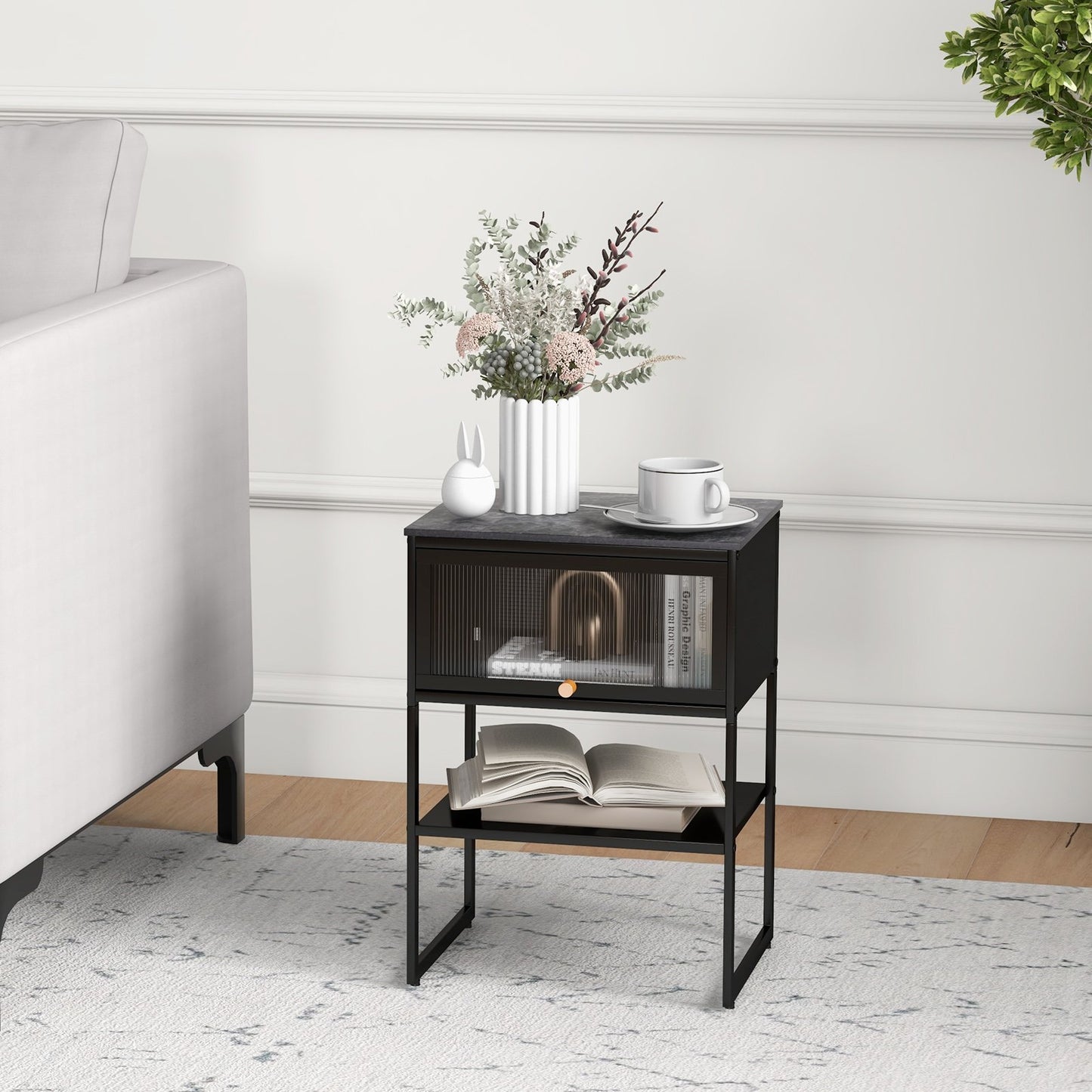 Nightstand with Flip up Door Storage Shelf-Black