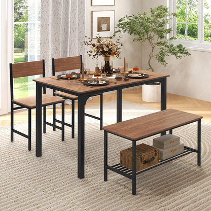 4 Pieces Rustic Dining Table Set with 2 Chairs and Bench-Brown