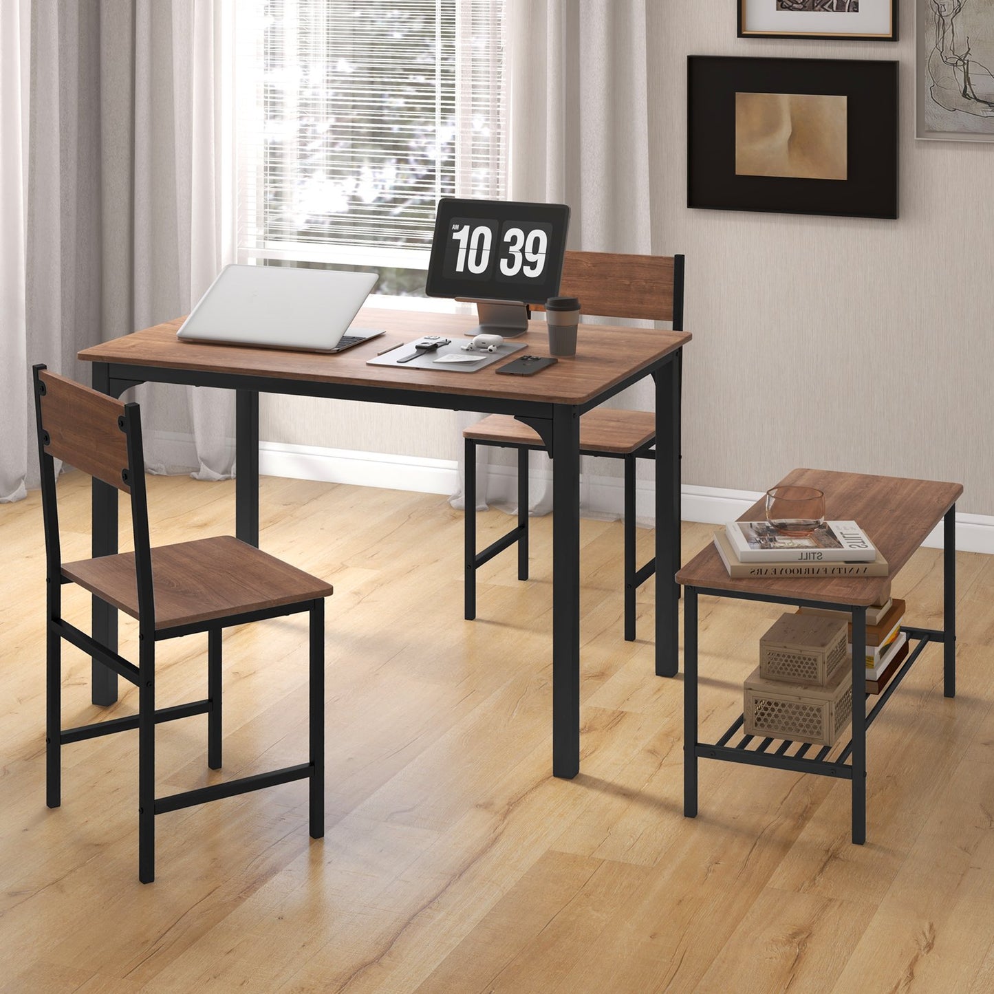 4 Pieces Rustic Dining Table Set with 2 Chairs and Bench-Brown