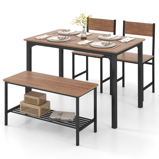 4 Pieces Rustic Dining Table Set with 2 Chairs and Bench-Brown