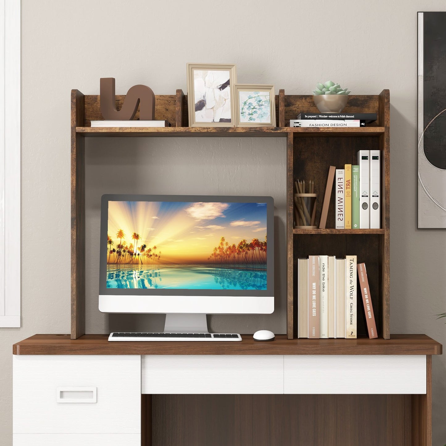 3-Tier Multipurpose Desk Bookshelf with 4 Shelves-Beige