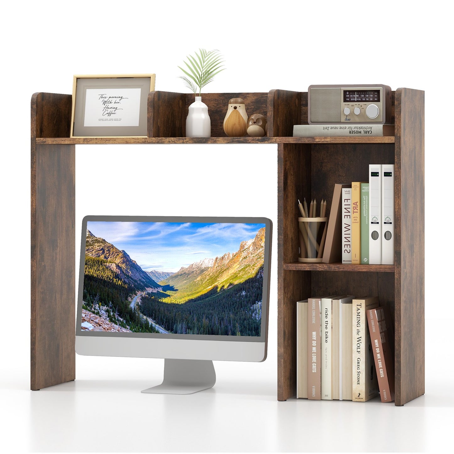3-Tier Multipurpose Desk Bookshelf with 4 Shelves-Beige
