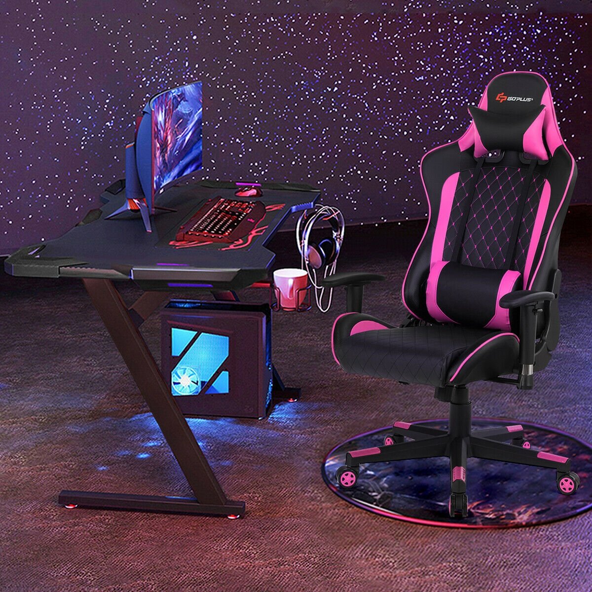 Massage Gaming Chair with Lumbar Support and Headrest-Blue