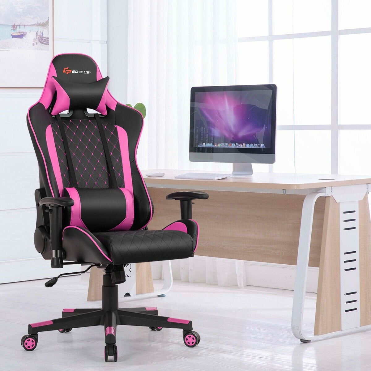 Massage Gaming Chair with Lumbar Support and Headrest-Blue