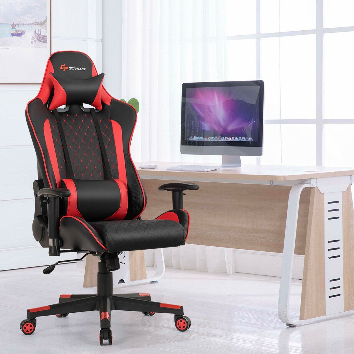 Massage Gaming Chair with Lumbar Support and Headrest-Red